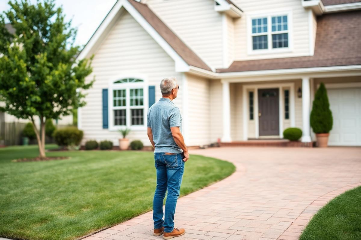 A homeowner reviewing the exterior of their suburban home